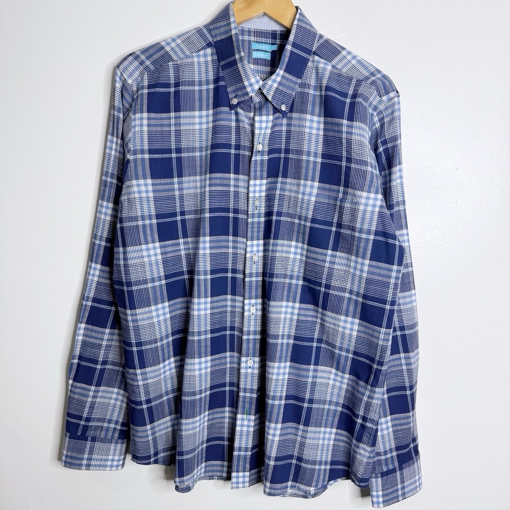J. McLaughlin Men's Large Blue Modern Fit Plaid Long‎ Sleeve Button Down Shirt